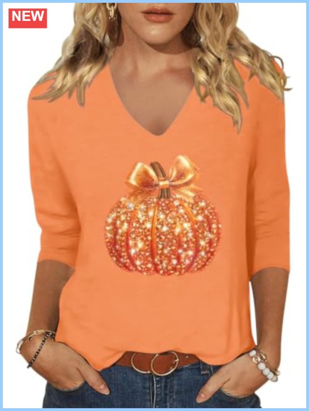 Women's Halloween Pumpkin V-Neck 3/4 Sleeve Fall Graphic Tee